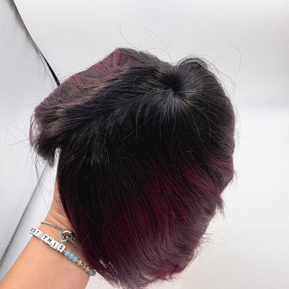 100% Human Hair Ombre Magenta Purple Bob Wig Dark Roots Layered Short Style
